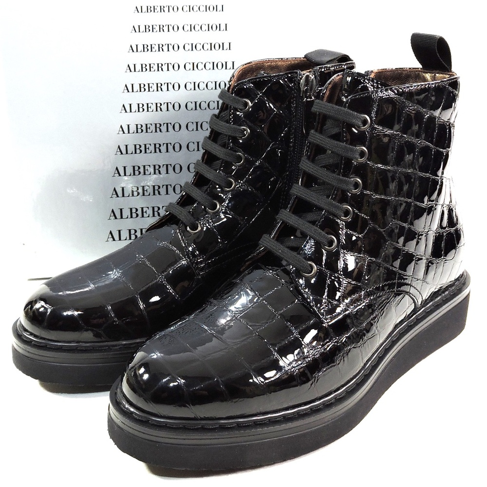 ALBERTO CICCIOLI 🇮🇹 WOMEN'S BLACK SOFT PATENT LEATHER WINTER ANKLE BOOTIE